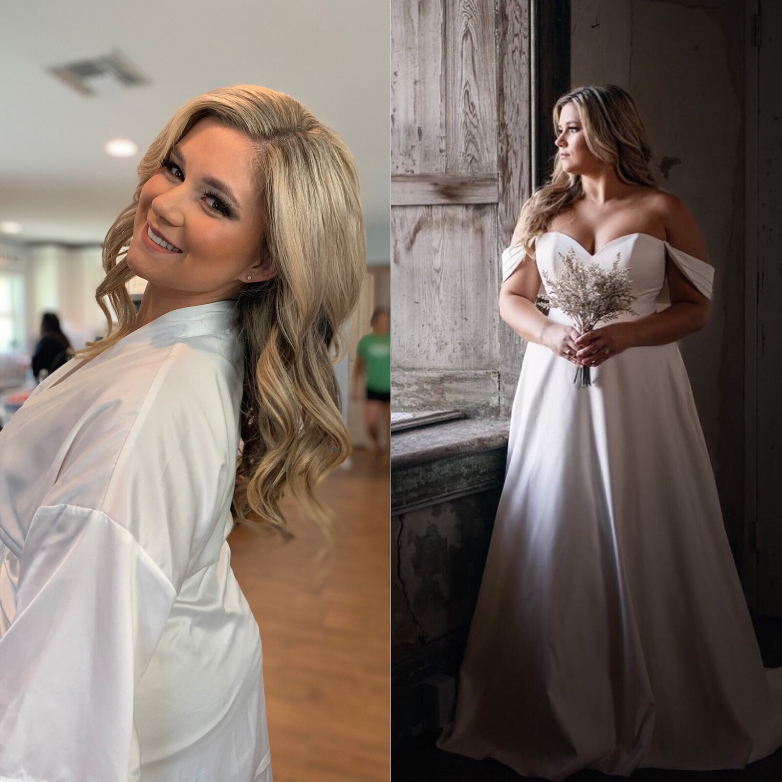 Left: Woman smiling in a white robe, embodying natural glam wedding makeup. Right: Woman in an off-shoulder gown holding flowers, gazing away indoors, showcasing essentials curated by an editorial bridal makeup artist.