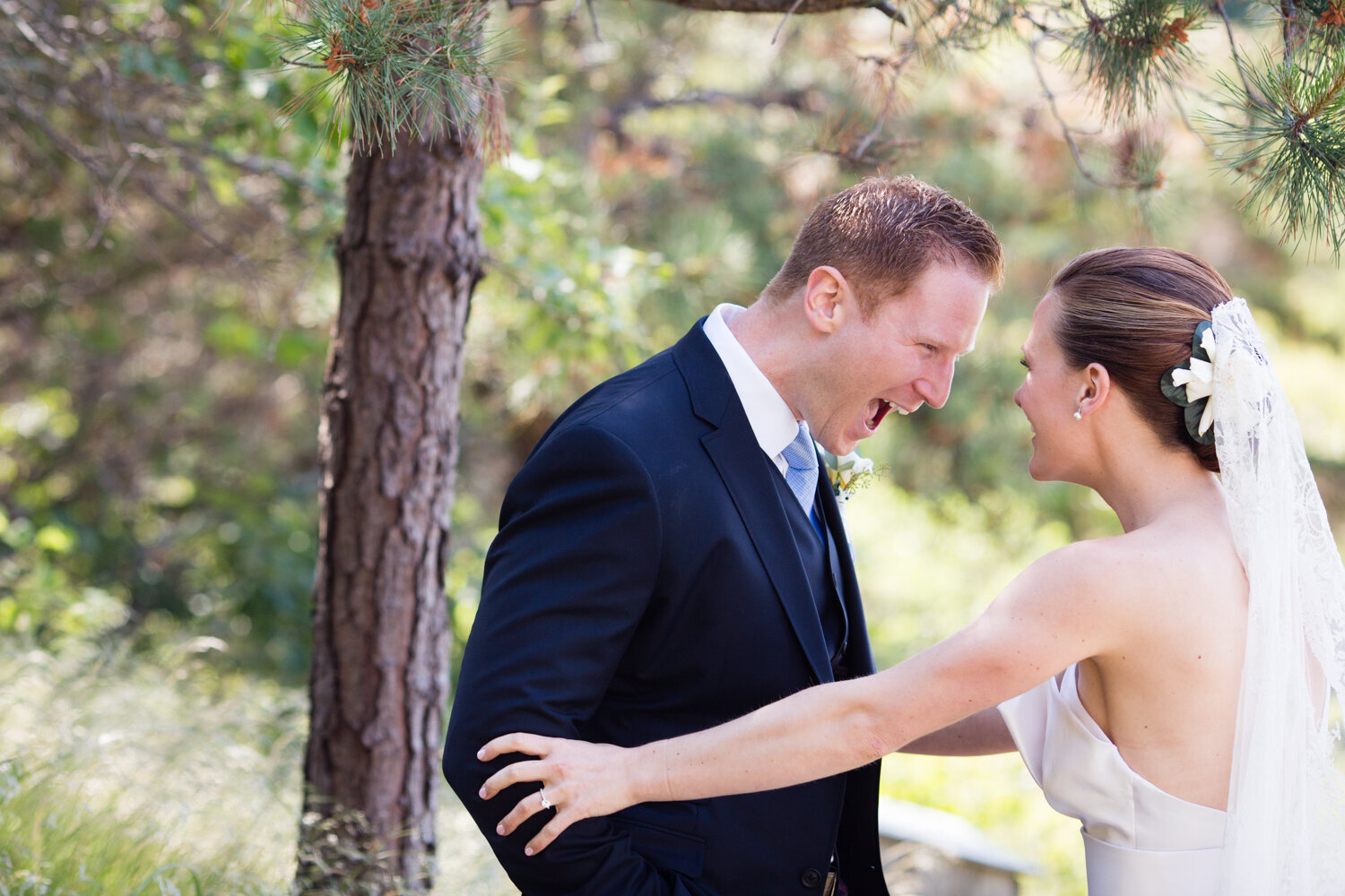 bride and groom at first look