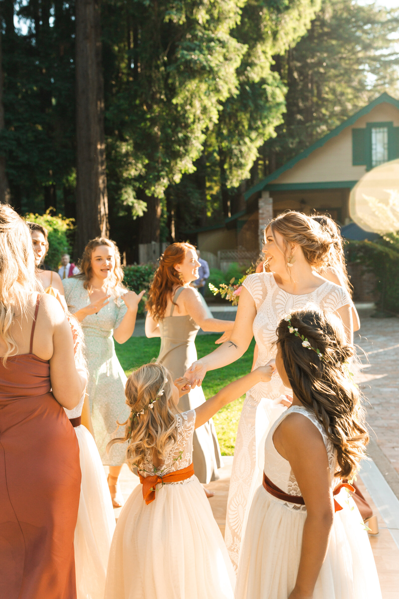 Colorful wedding reception in Santa Cruz, California in the redwood trees.