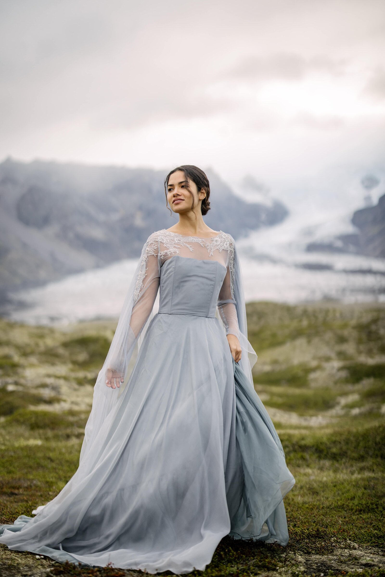 eggshell blue lace long sleeve wedding dress