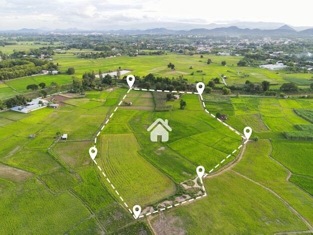 Lote de terreno para construção de casa vista aérea campo de terreno com alfinetes localização para subdivisão de habitação desenvolvimento residencial propriedade venda aluguel comprar ou investimento casa ou casa expandir o s (1)