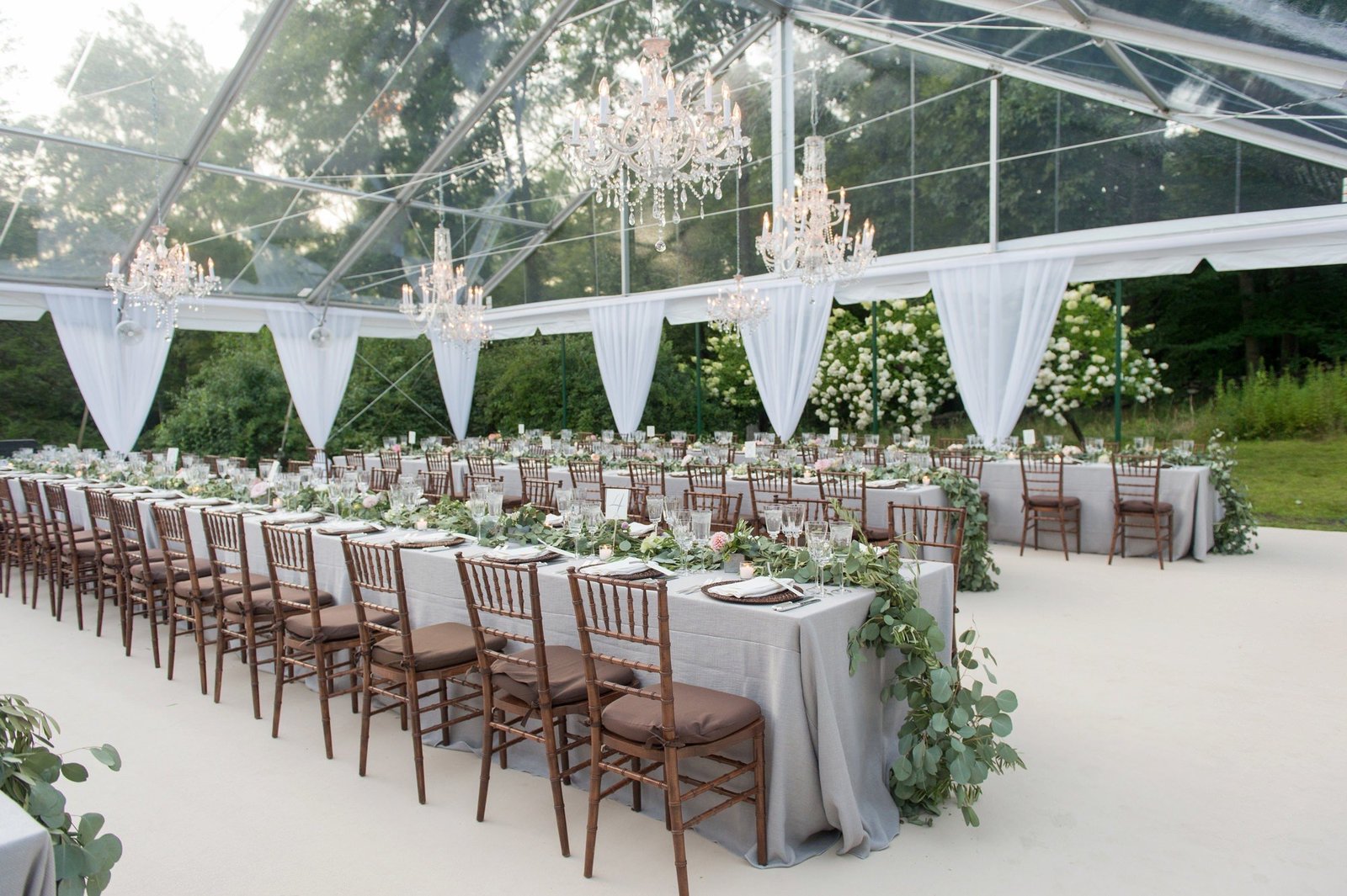 Clear top wedding tent with crystal chandeliers for home wedding in Washington, CT