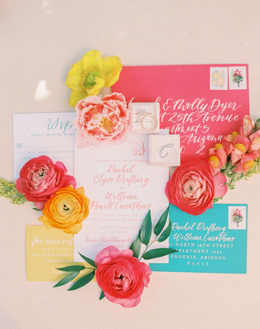 wedding-florist-phoenix-pink-teal-yellow-wedding-invitations
