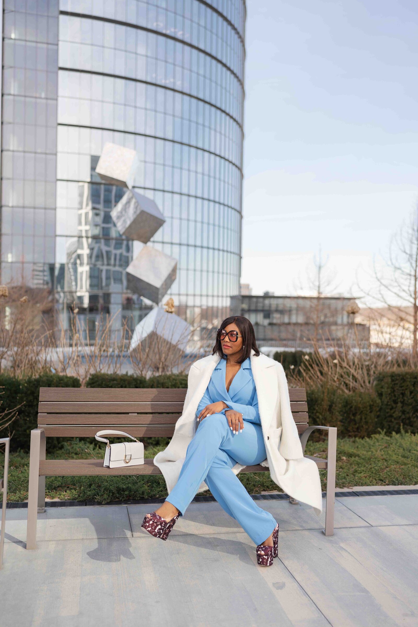 woman sitting on a bench during product picture in Haymarket,Virginia