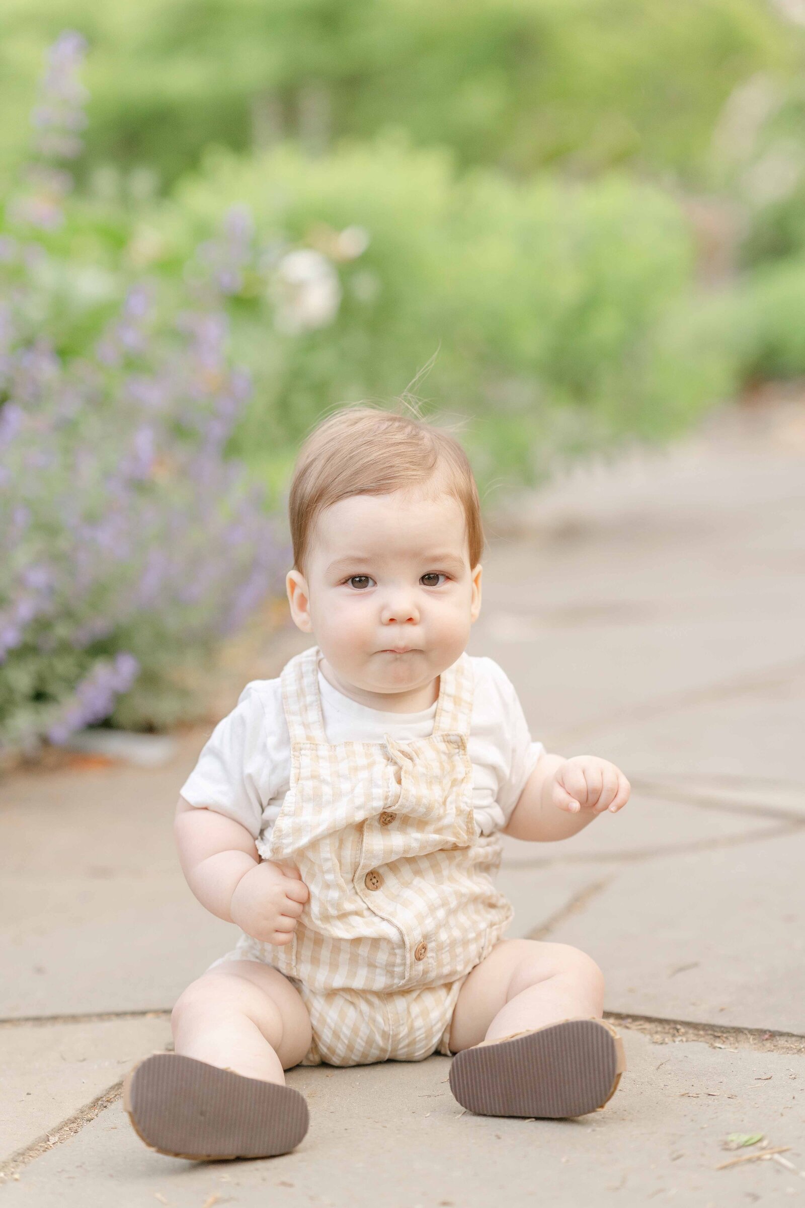 baby sitting in the middle of a garden during spring minis in Chantilly, VA
