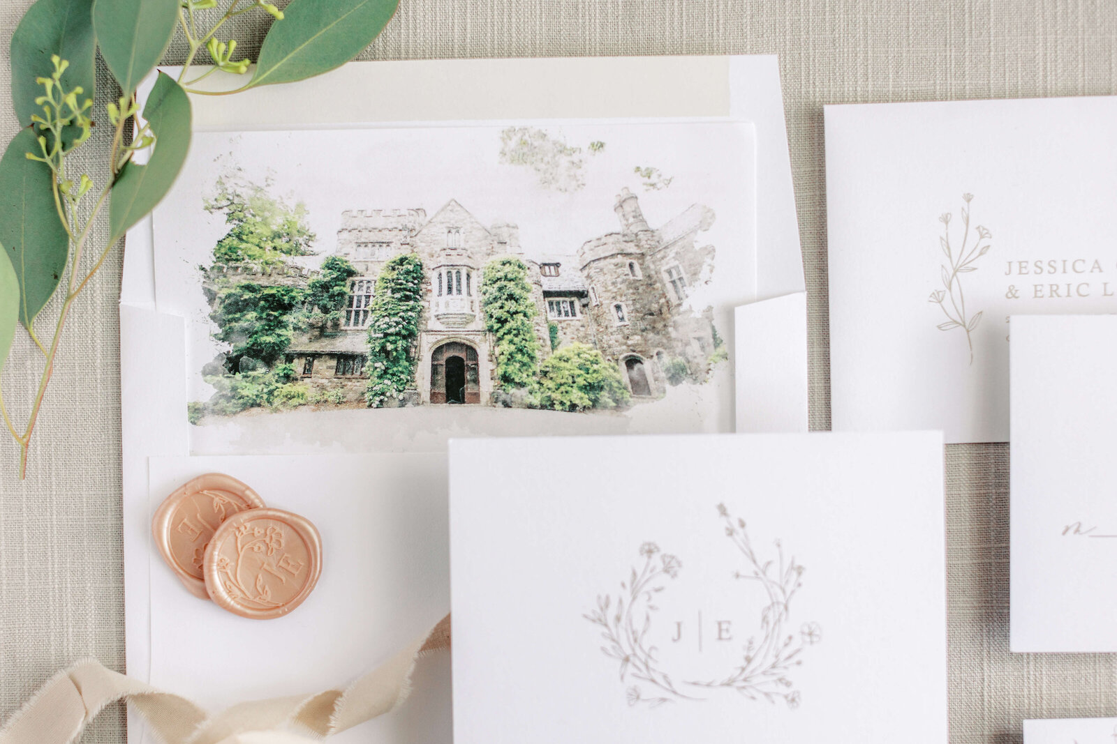 Custom watercolor painting of New Jersey Wedding Venue The Castle at Skylands Manor.