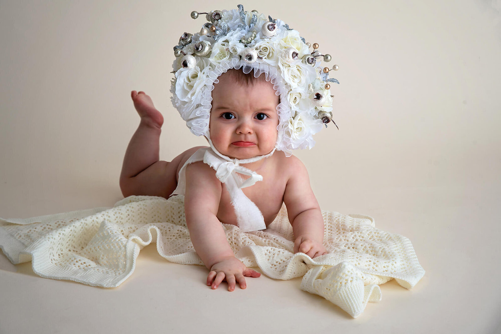 6 month baby with handmade Bonnet