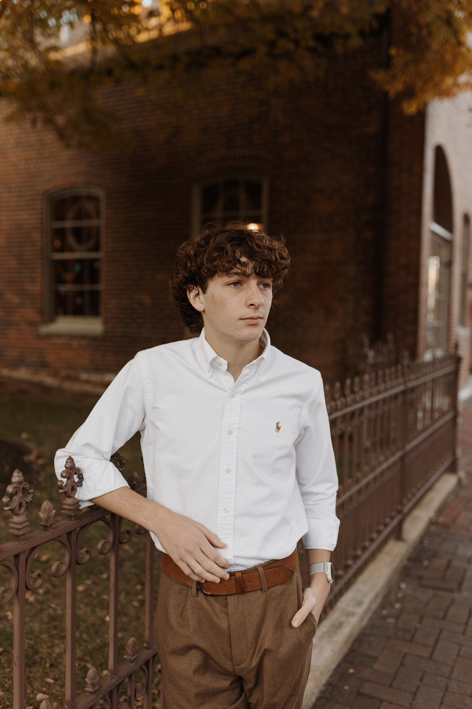 Senior session in the fall on Historic Main street in St. Charles Mo