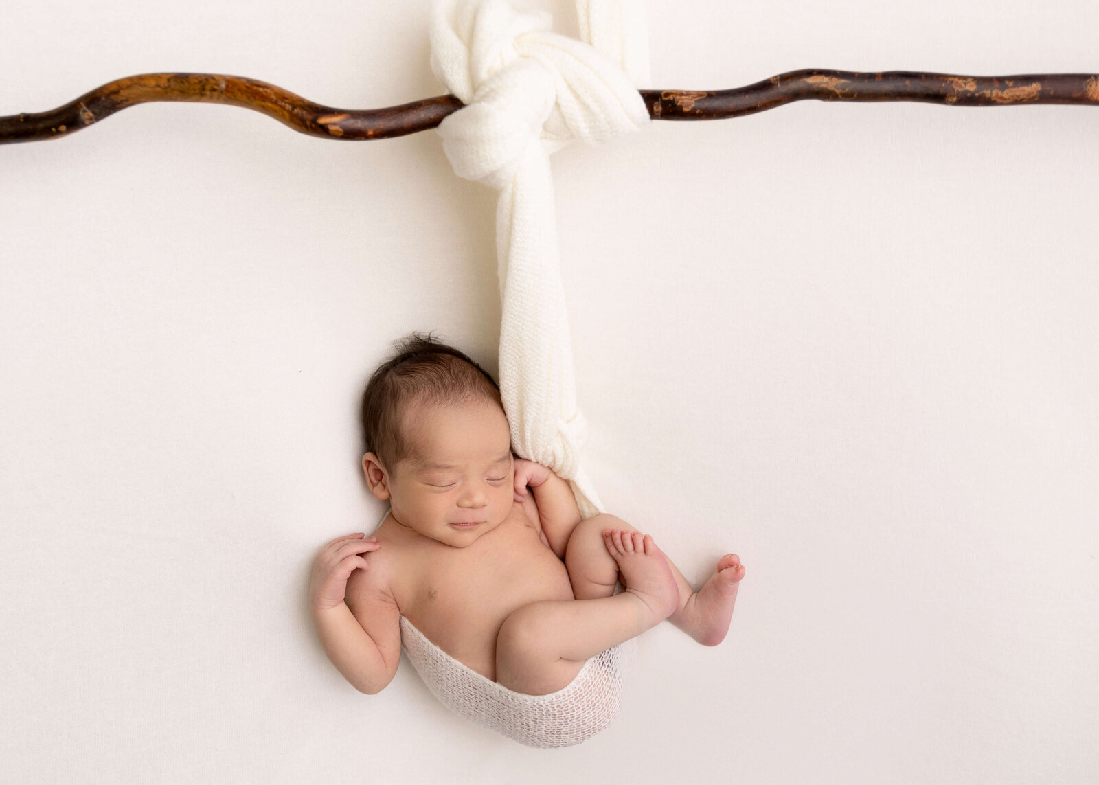 Picture of baby posed hanging from a branch on posing table in Orange County CA