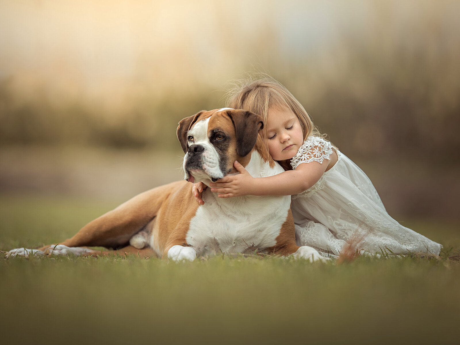 Young child and her boxer hugging in a park in Norfolk at sunset