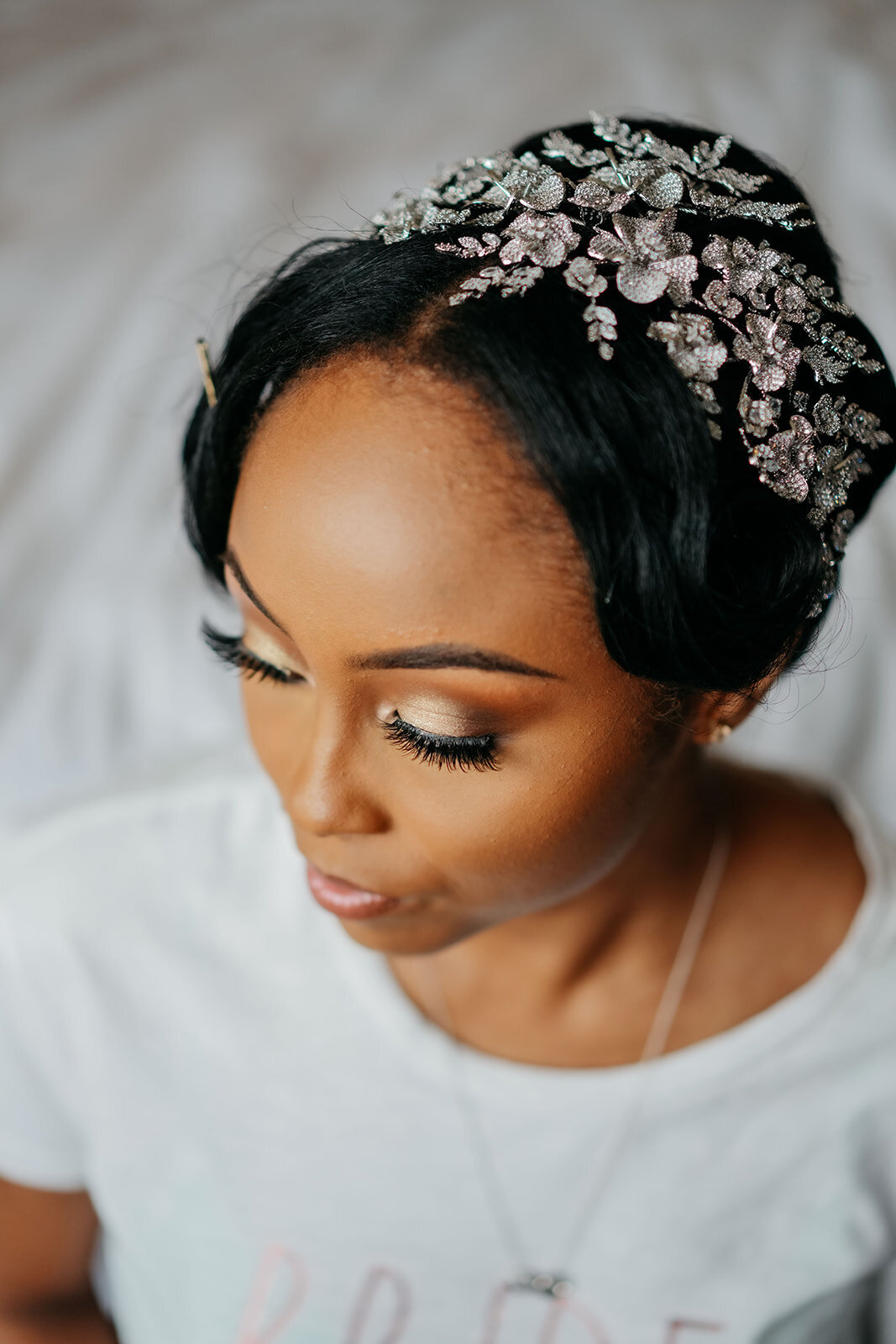 Silver floral headpiece on bride