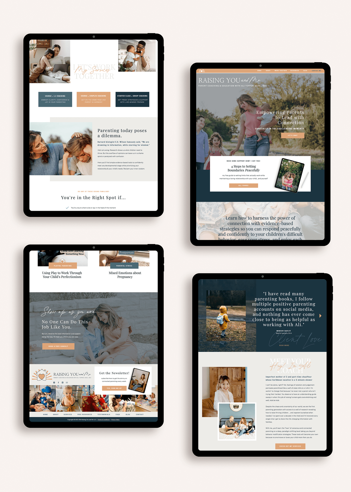 A set of tablet mockups displaying the Raising You and Me website with warm imagery, family-focused content, and a user-friendly layout.