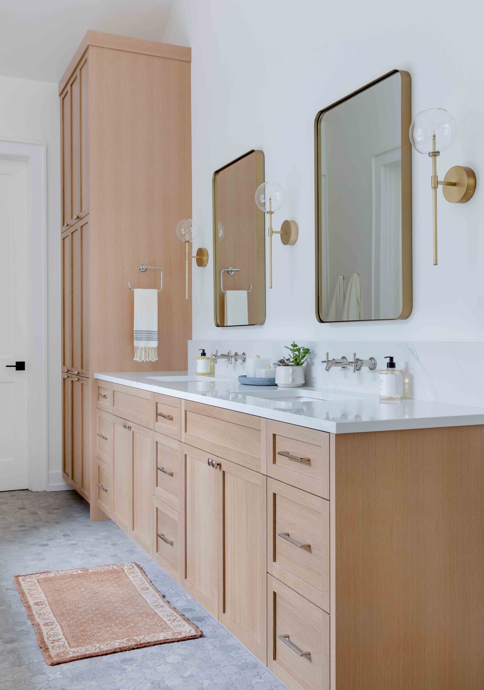 Nuela Designs White Oak Bathroom Vanity with Quartz Counter and Gray Marble Floors