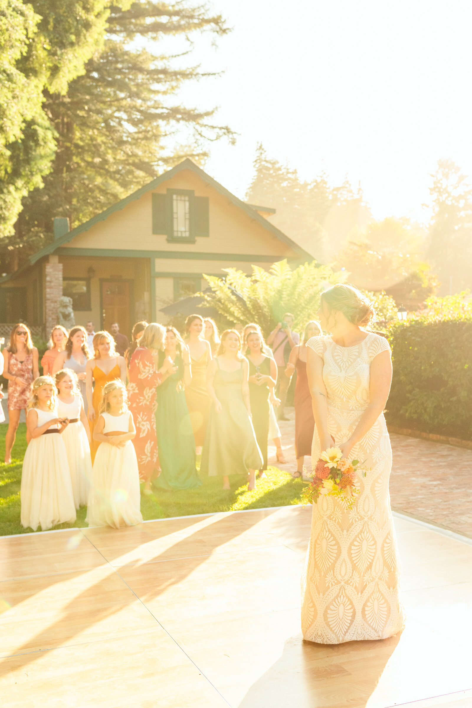 Colorful wedding reception in Santa Cruz, California in the redwood trees.