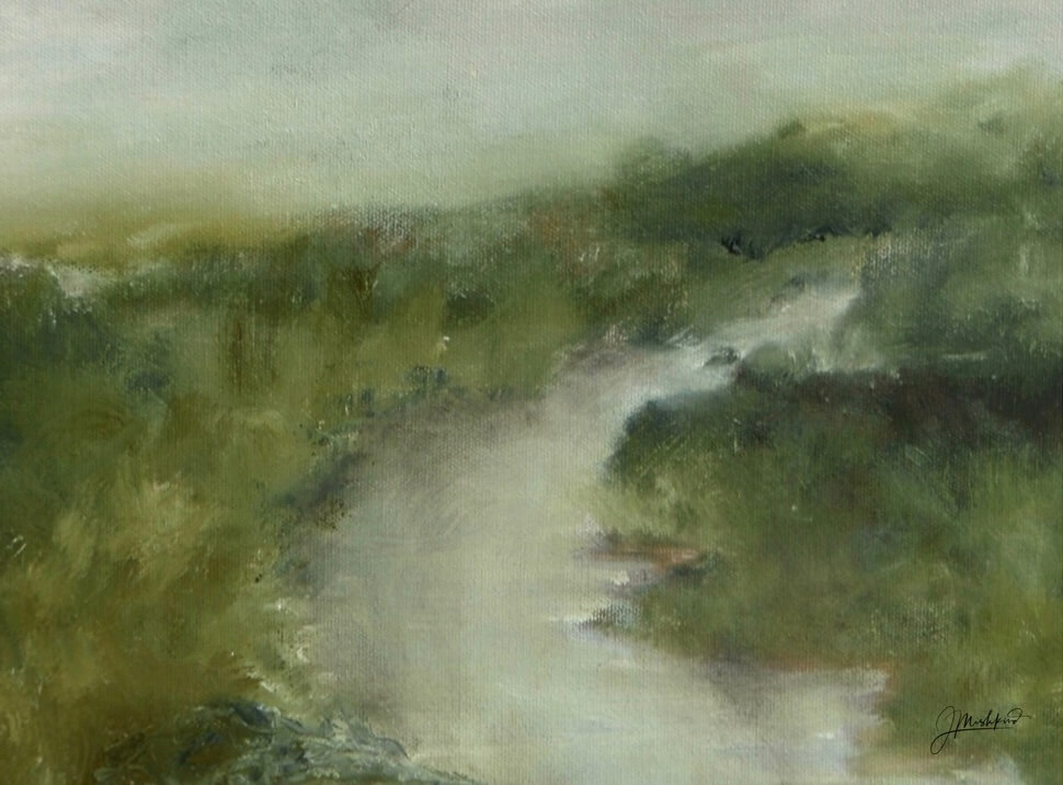 Oil painting by Jane Mishkind of a stream and grass