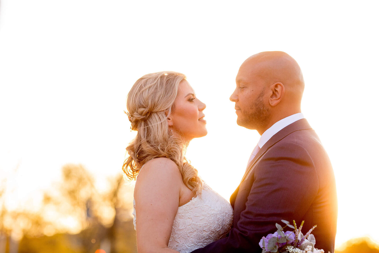 Sunset portrait of bride and groom in Burlington Ontario.