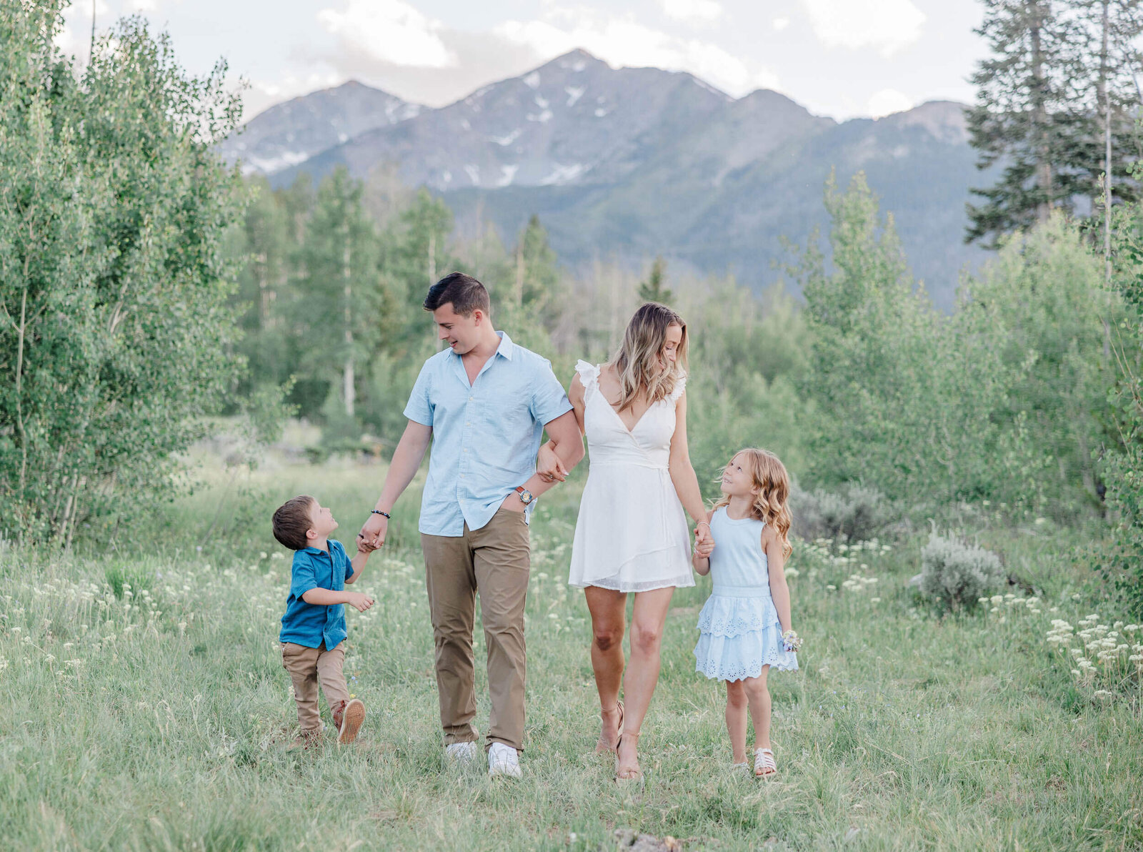 A family of 4 with two young children are looking and smiling at one another, while walking hand in hand, in grassy meadow with mountain peaks behind them.
