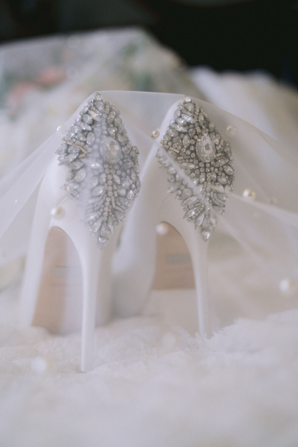 White wedding shoes covered in veil