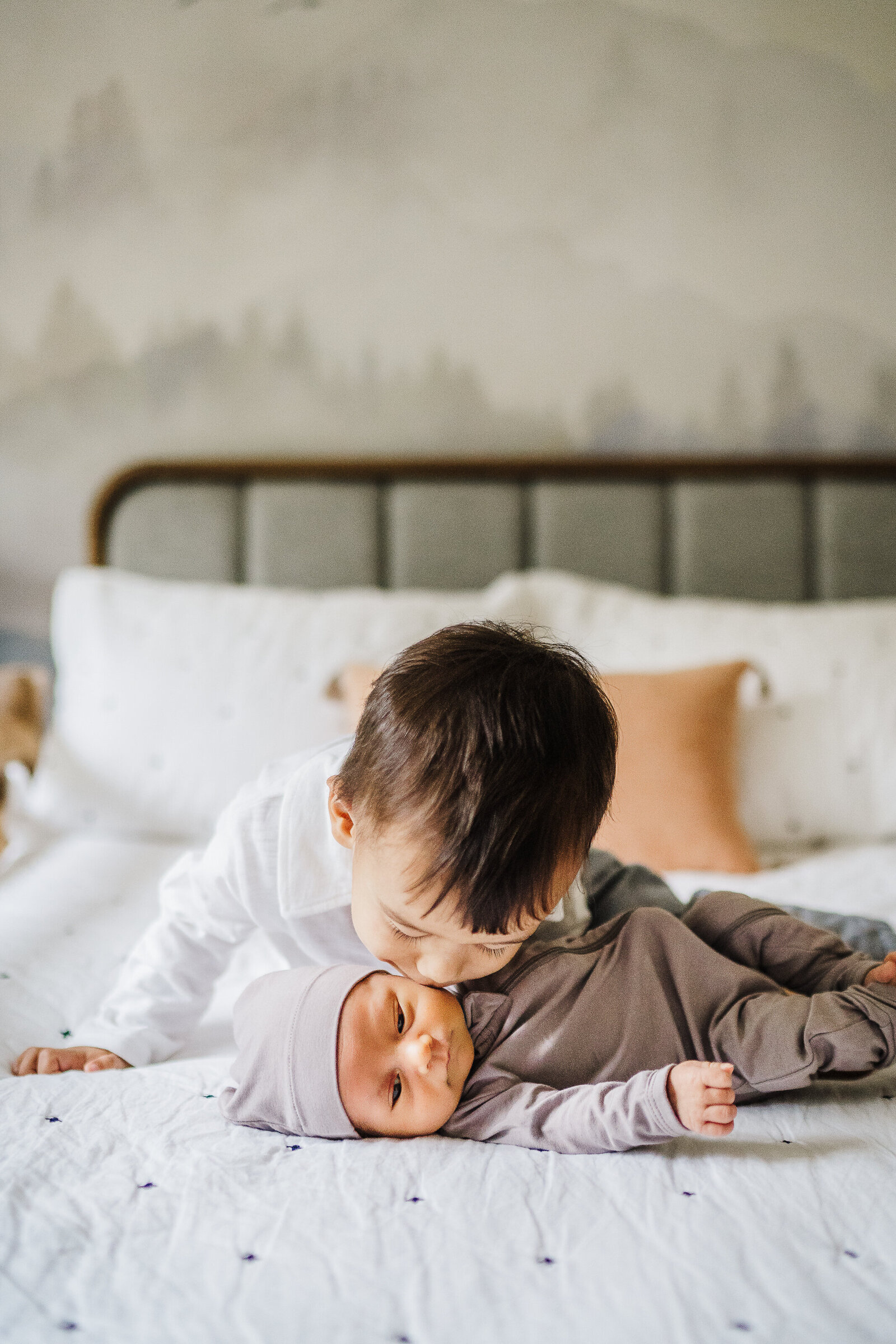 big brother kisses newborn sister on bed during boston newborn photos