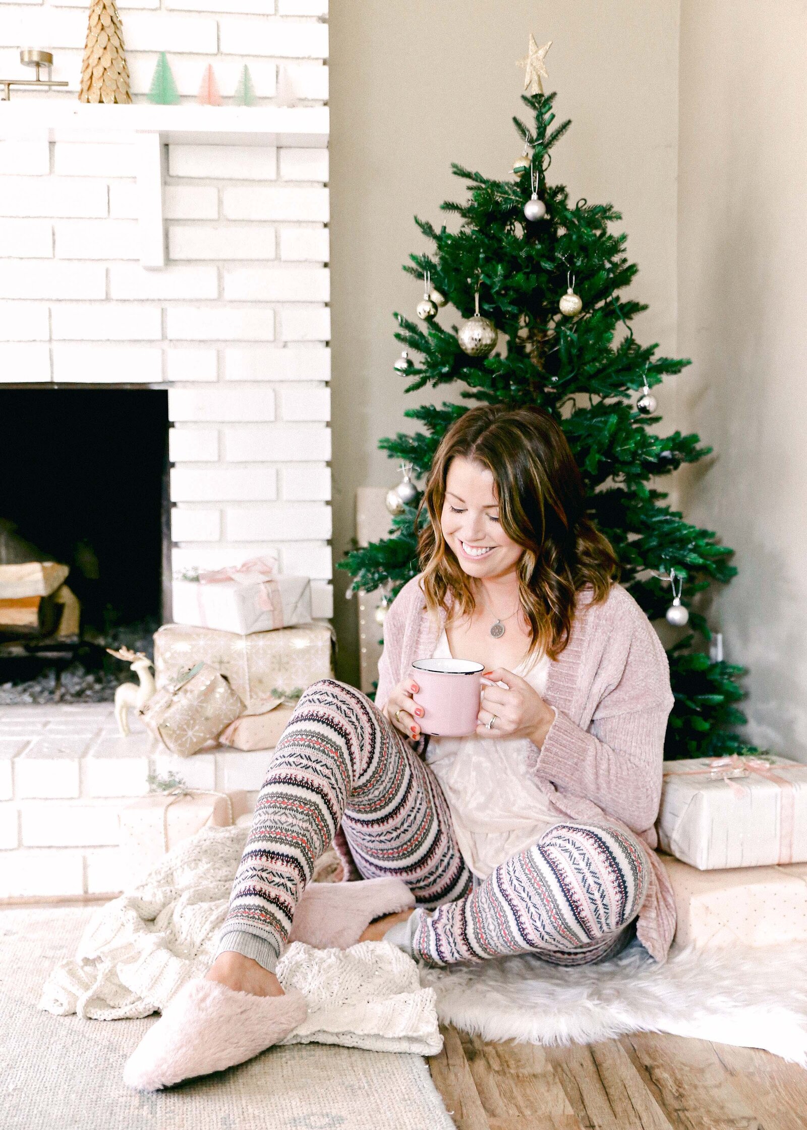 Girl Christmas Tree Pajamas Cute boho styled fashion product photographer lifestyle Christmas tree living room