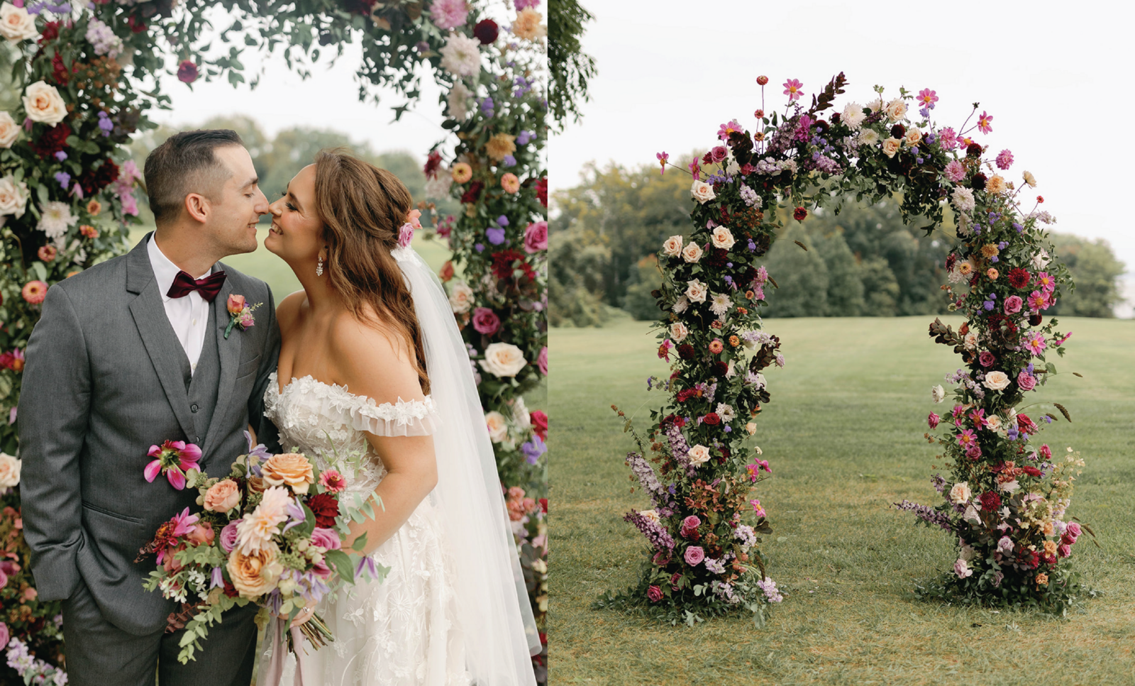 Tan, purple, lilac, lavender, pink, blush and fuschis wedding ceremony arch with roses and dahlias