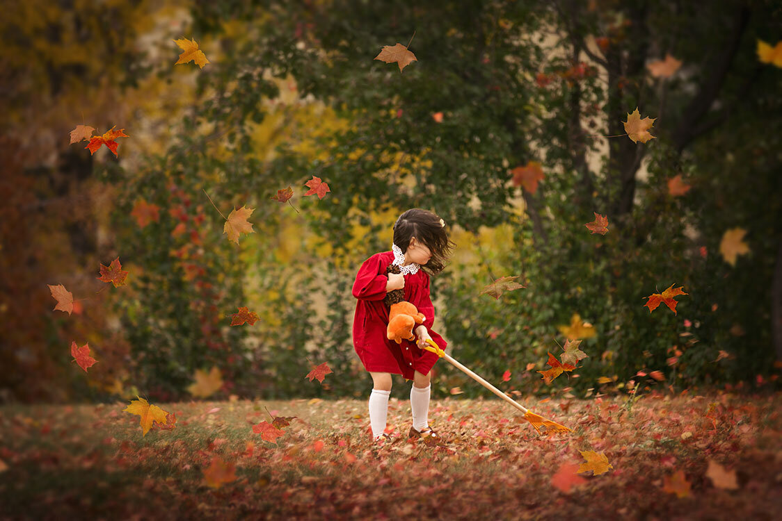 little-girl-toddler-leaves-fall-fox-rake-dreamy-art-composite-fine-art-children-fall-autumn-denver