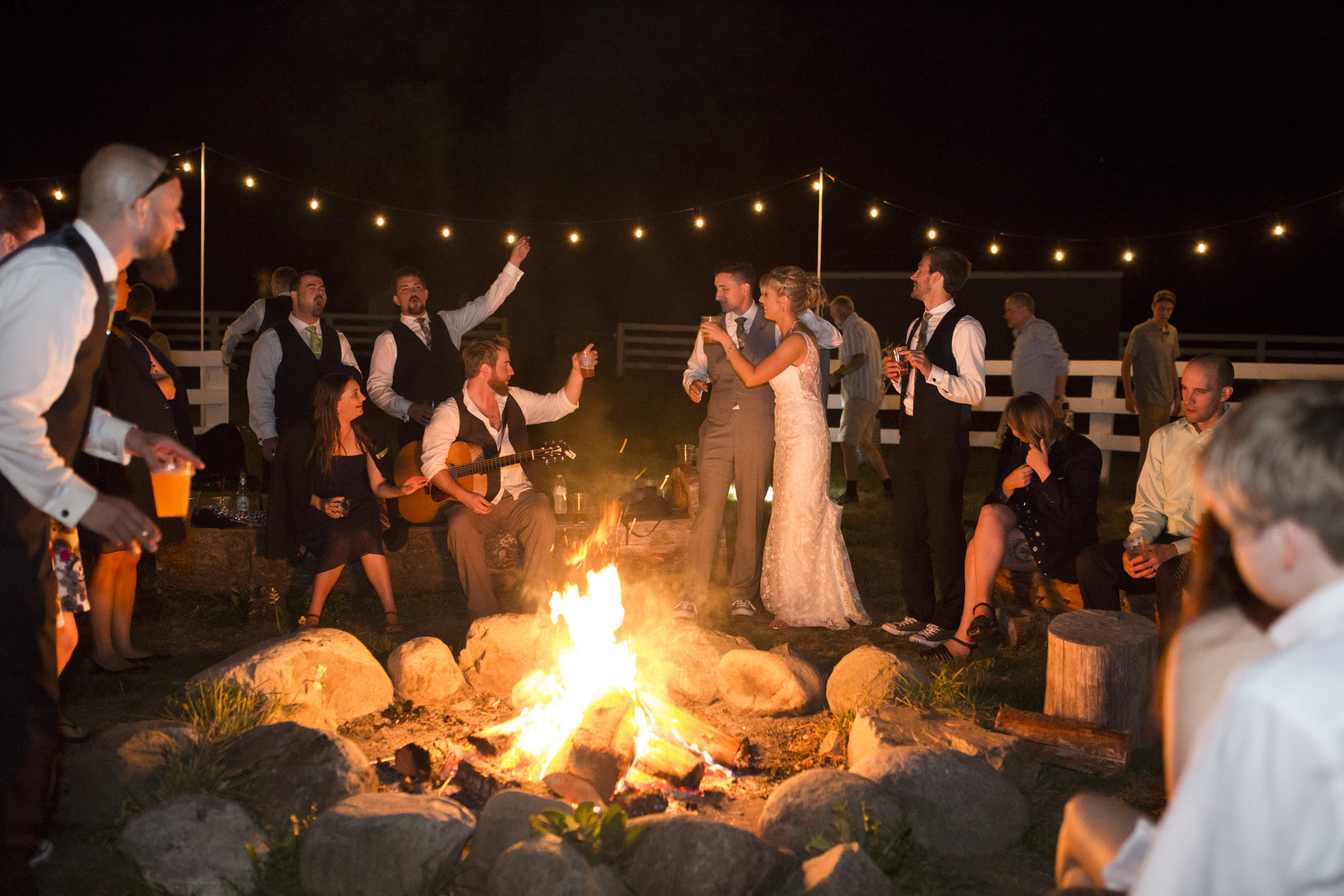 Outdoor Wedding Reception with Fire Pit and Acoustic Guitar, Rein Fire Ranch