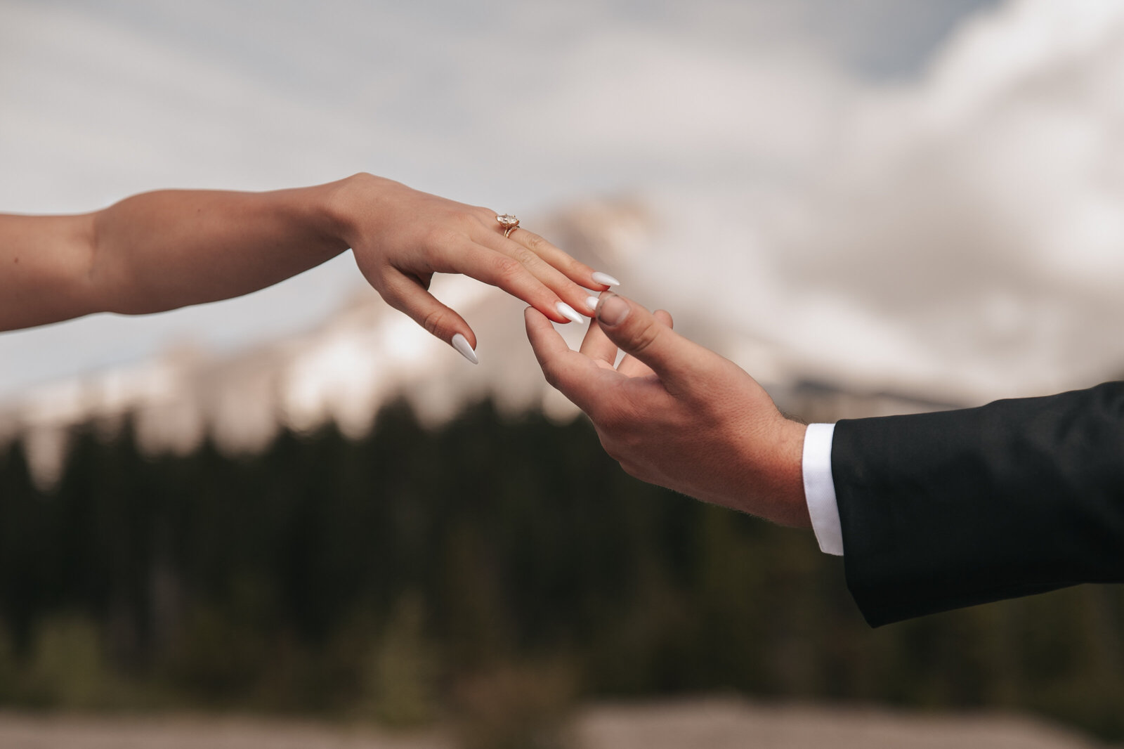 Close-up of two hands reaching to hold each other in an intimate moment, set against the scenic backdrop of snow-capped Mount Hood and lush evergreen trees, capturing a romantic outdoor wedding + Elopement moment