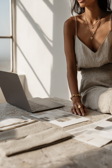 Editorial photograph of a designer working in natural light with linen fabric samples, a color palette, and a laptop, showcasing Kathalyst Design Studio’s elegant and intentional design process.