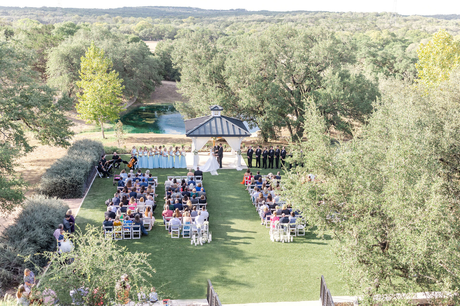 Aerial view of an outdoor ceremony at Kendall Point.