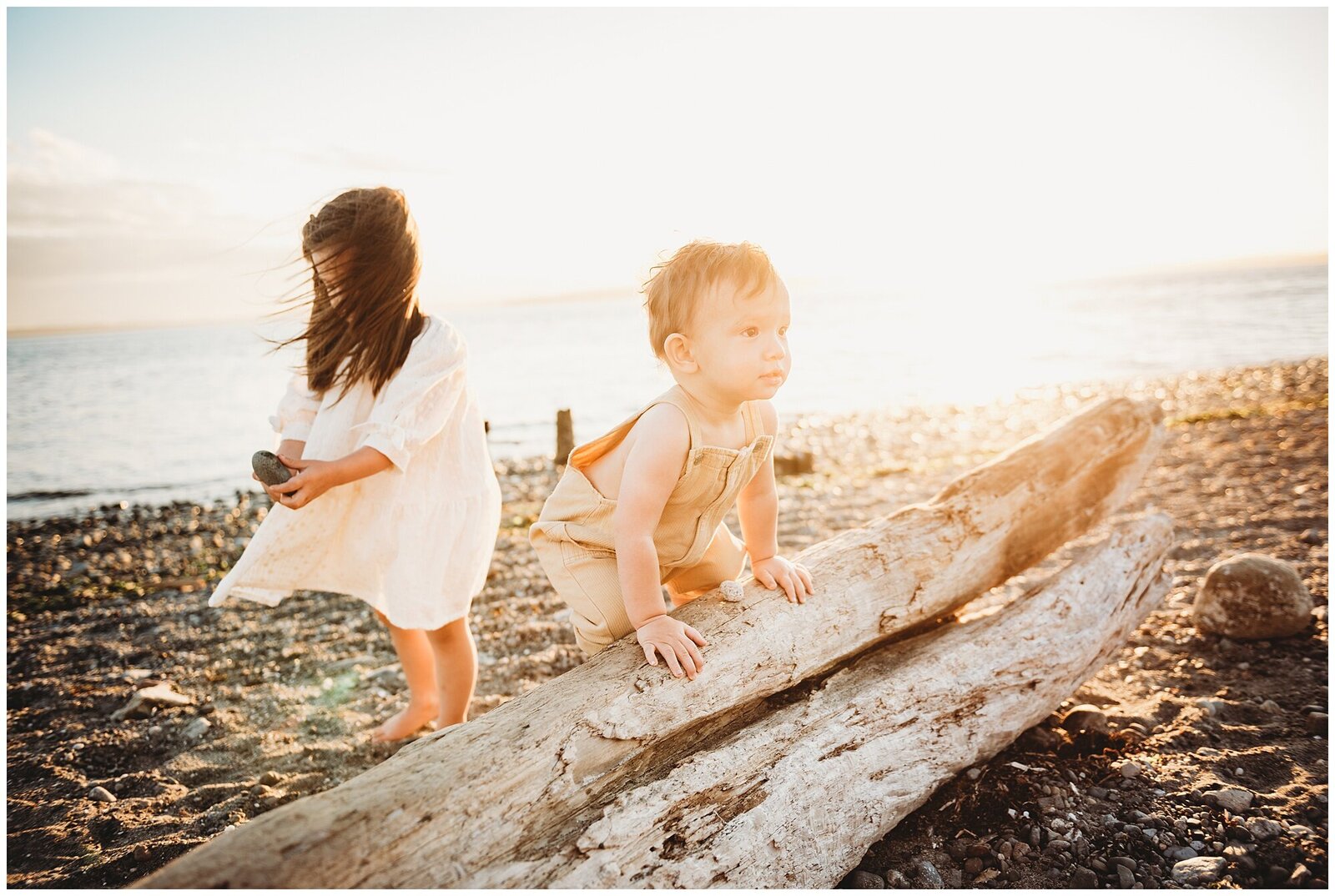 Two toddlers brother and sister play on beach at sunset Emily Ann Photography Seattle Photographer