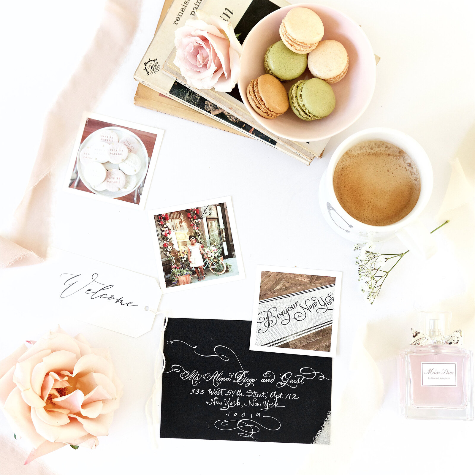 Branding product photographer Chelsea Loren creates vintage, French, feminine flat lays. Wedding invitation suite for Etsy designer.