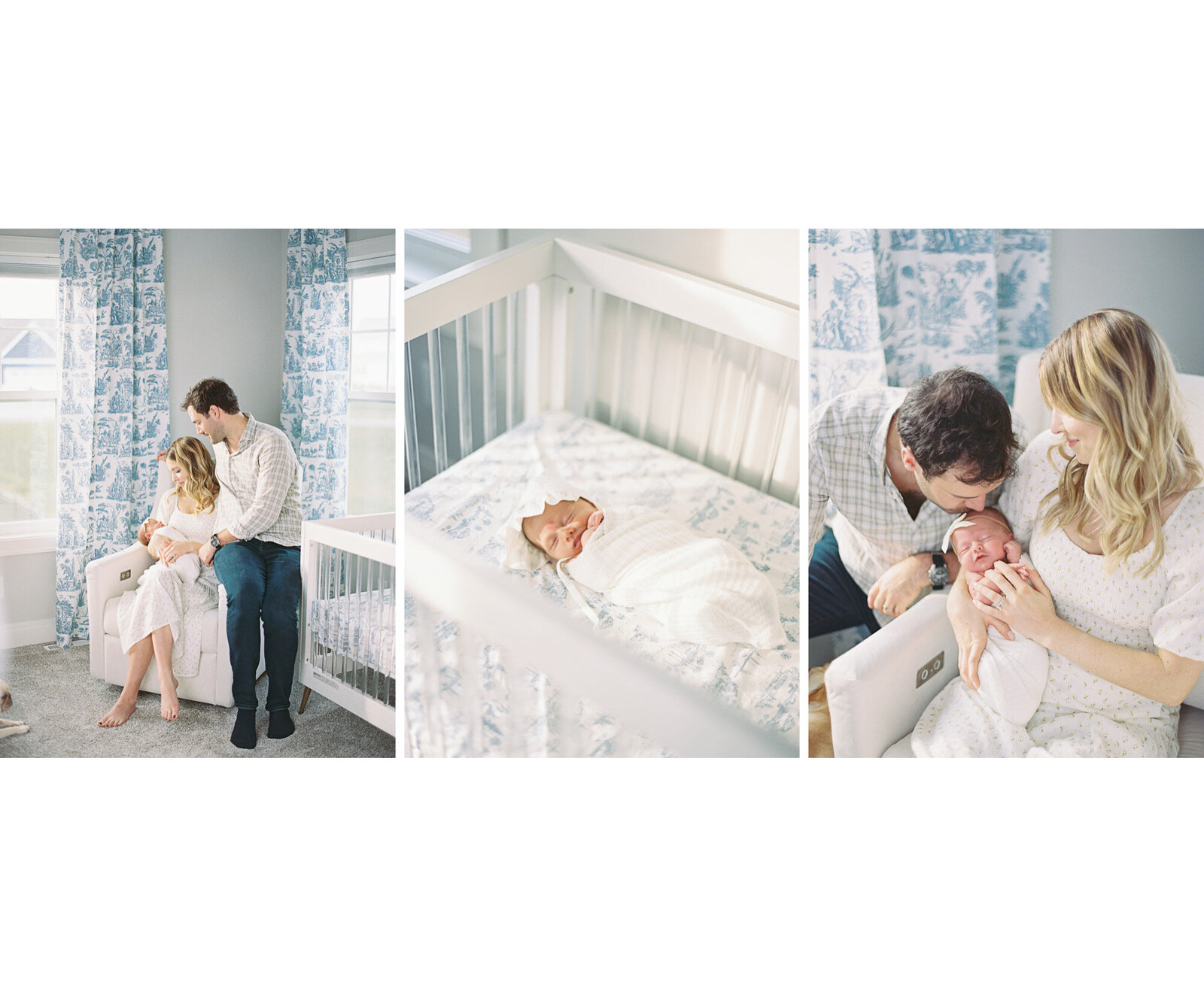 newborn baby held by mom and dad in bright nursery with dusty blue accents by madison wi newborn photographer, Talia Laird Photography