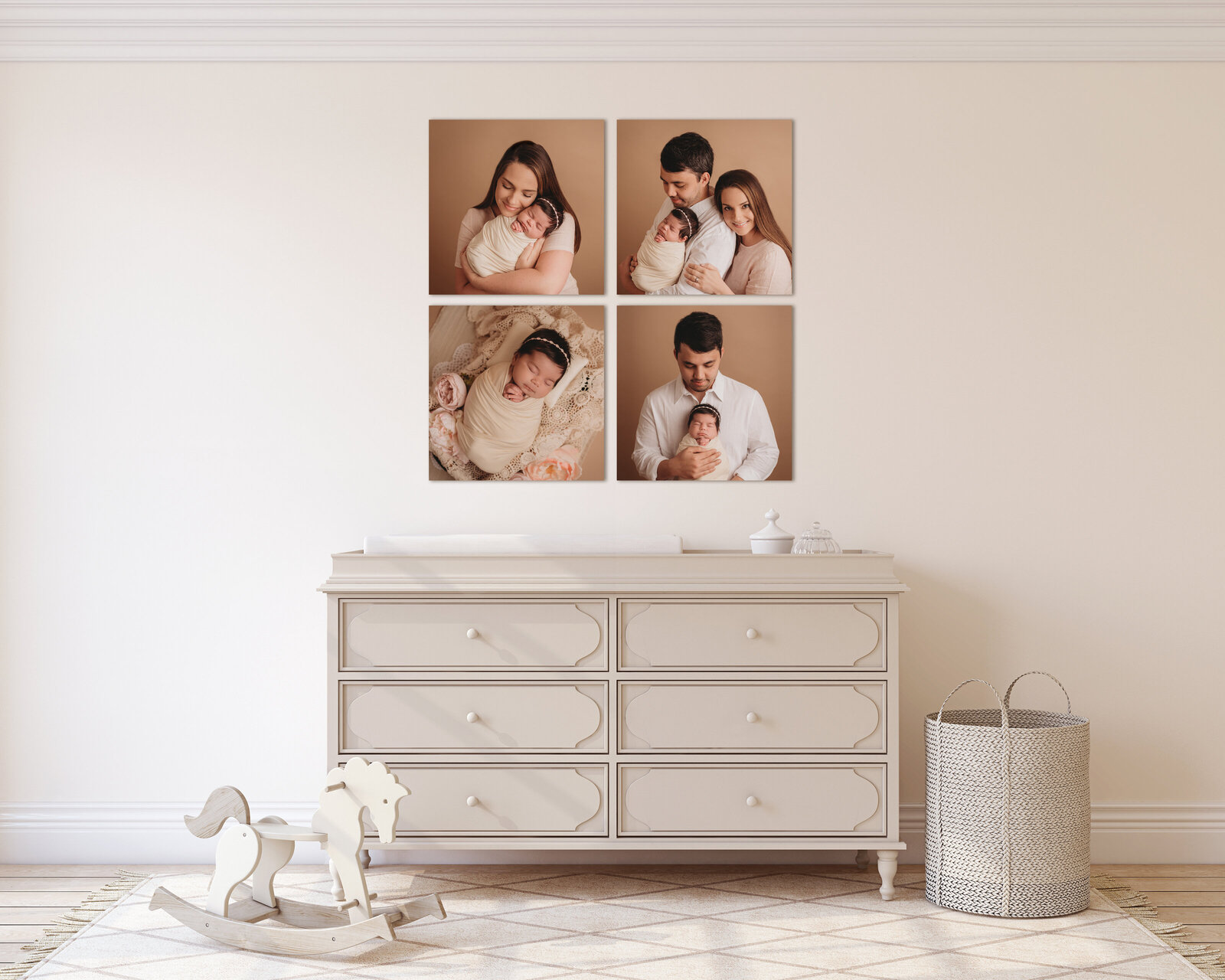 Canvas wall art collage made from newborn portraits hanging on nursery wall.