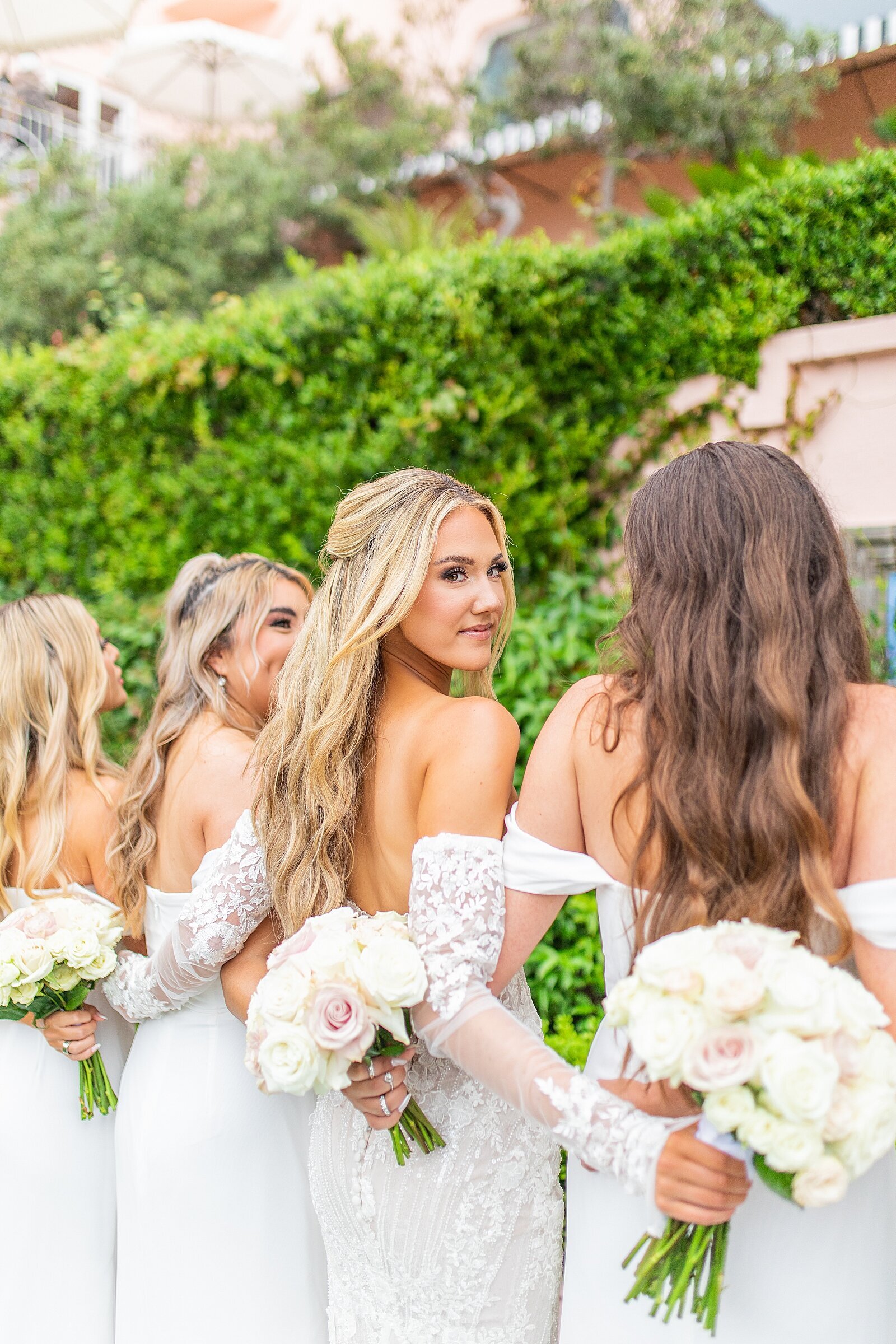 Bride and bridesmaids at La Valencia Hotel in La Jolla.