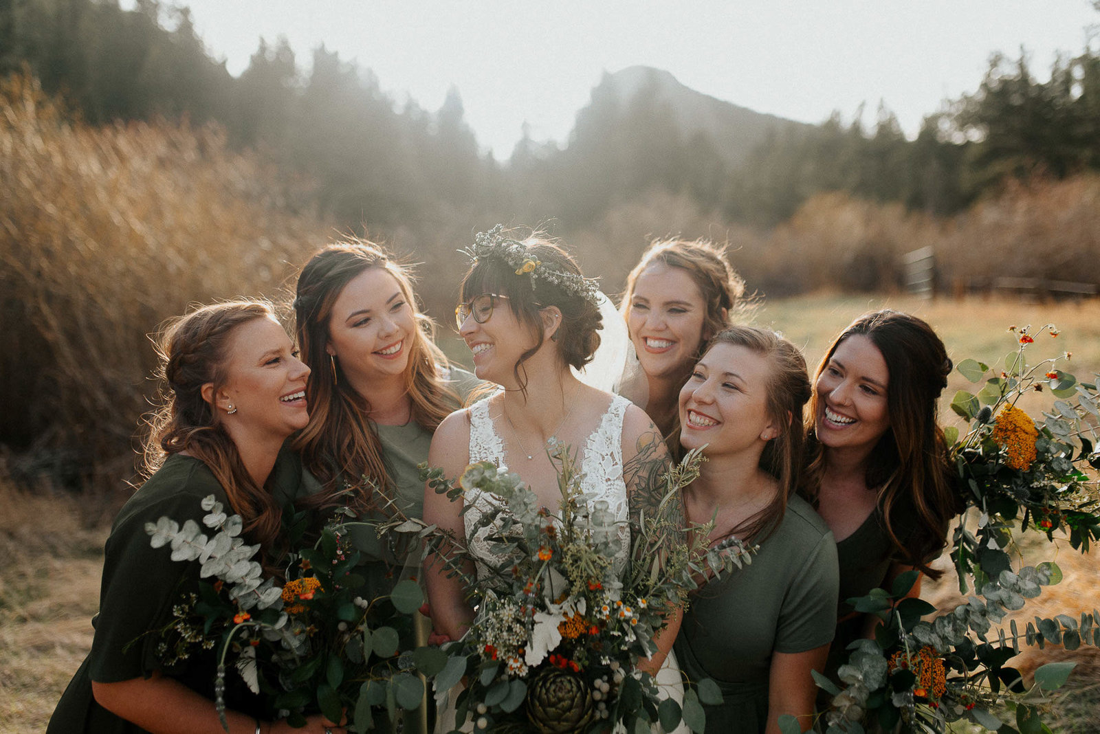 mountain view ranch wedding picture of bride with her bridesmaids