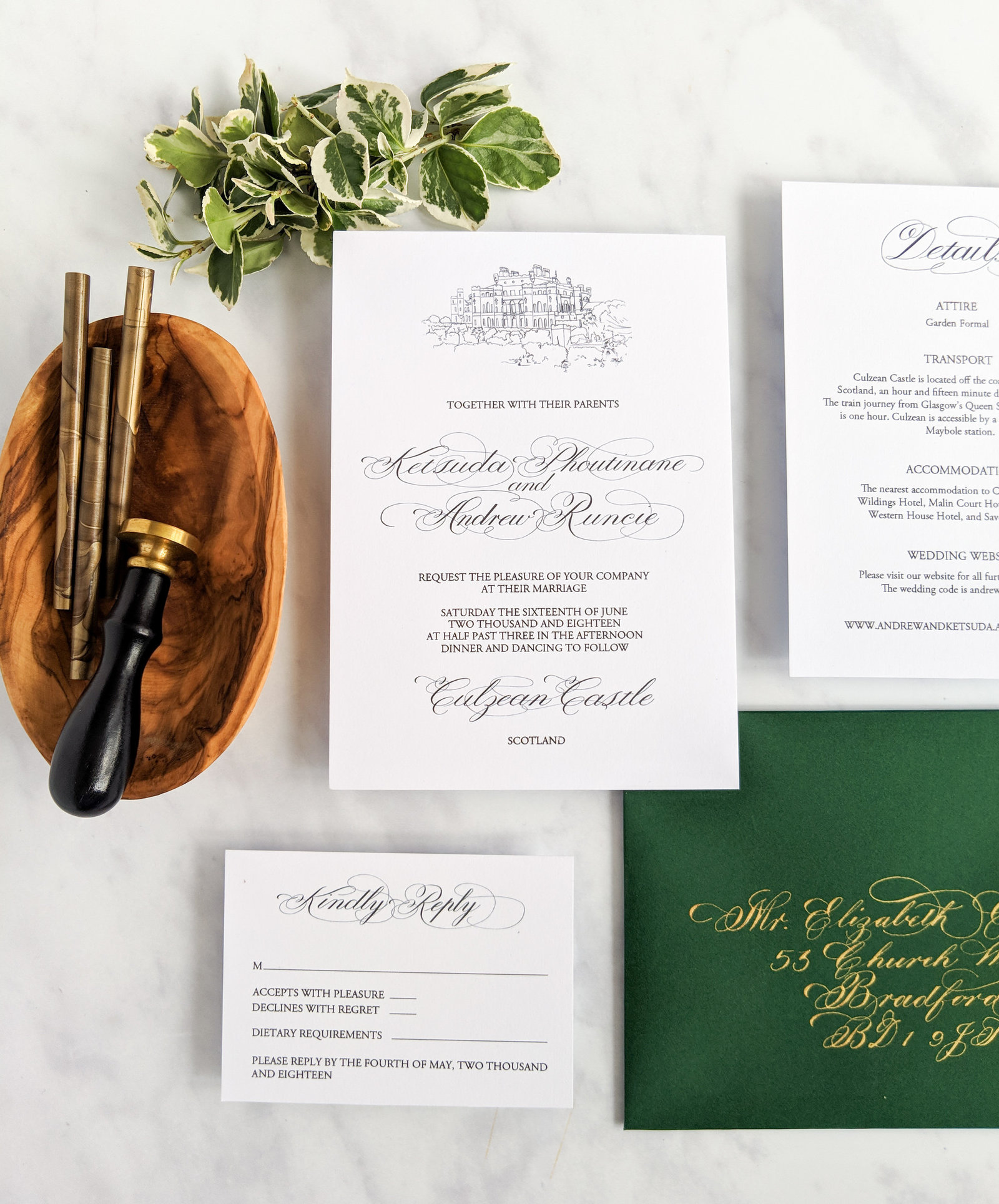 Wedding invitations, black white, gold green