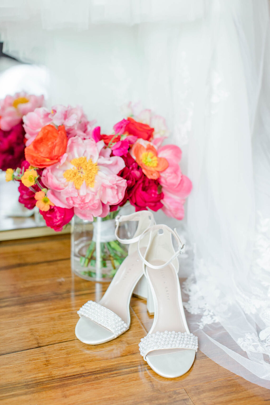 New England bridal bouquet and shoes