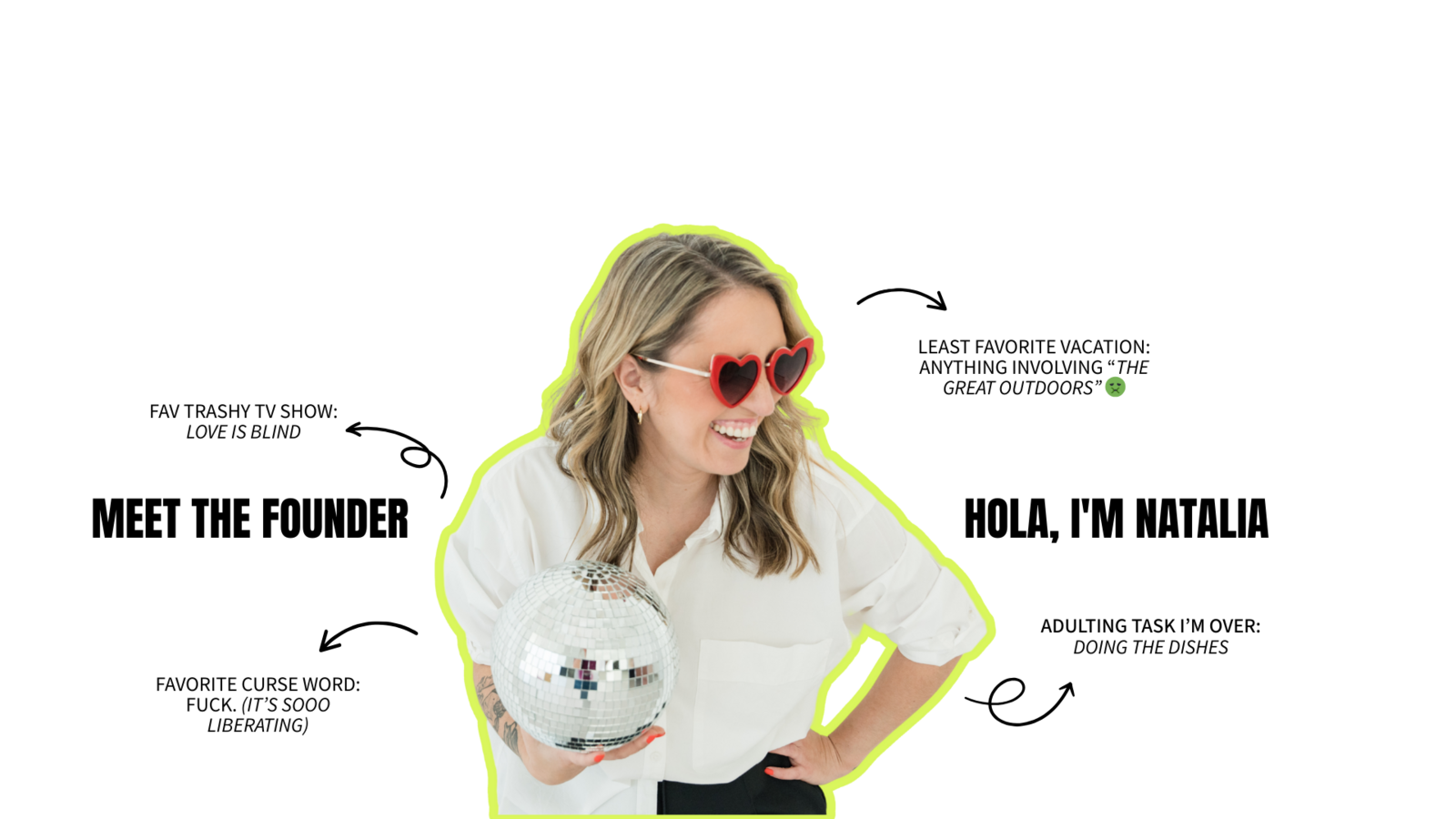 Latina small business owner representing Latina-owned businesses, dressed in brand colors with a white blouse, black pants, and unique red glasses, confidently holding a disco ball to reflect her bold, creative identity.