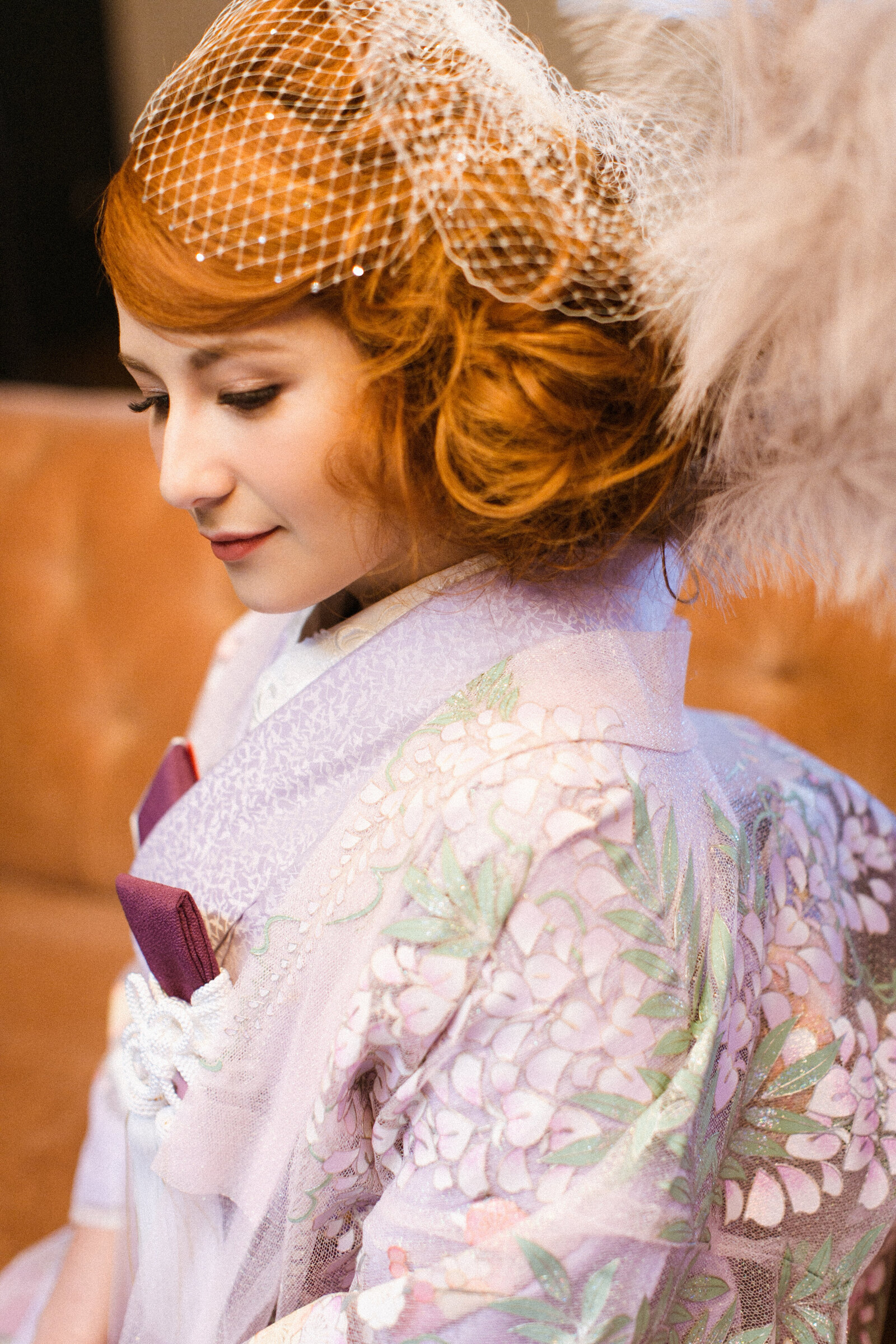 Bride in sheer lavender uchikake at Carondelet House | 着物レンタル 和婚 打掛 カロンデレットハウス