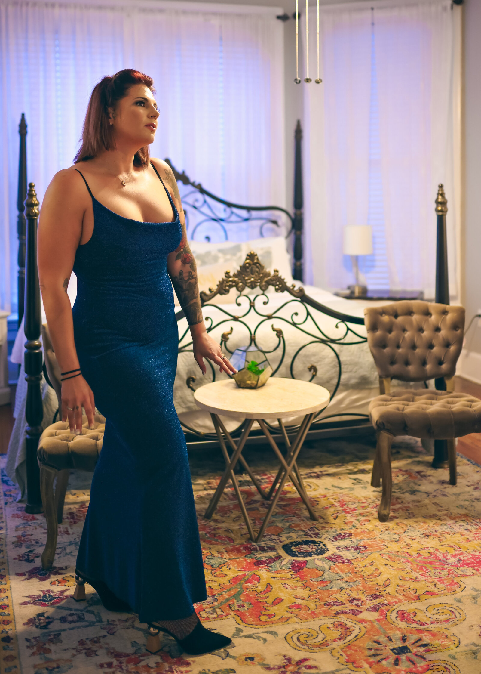 Savannah Boudoir Photography and Glamour showcases gorgeous red headed woman in Blue sparkly designer glamour gown