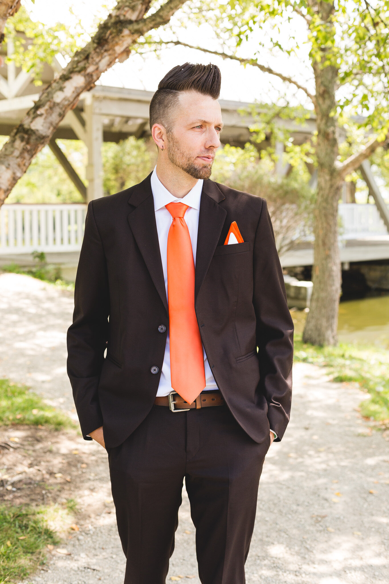 groom portrait ohio wedding orange tie