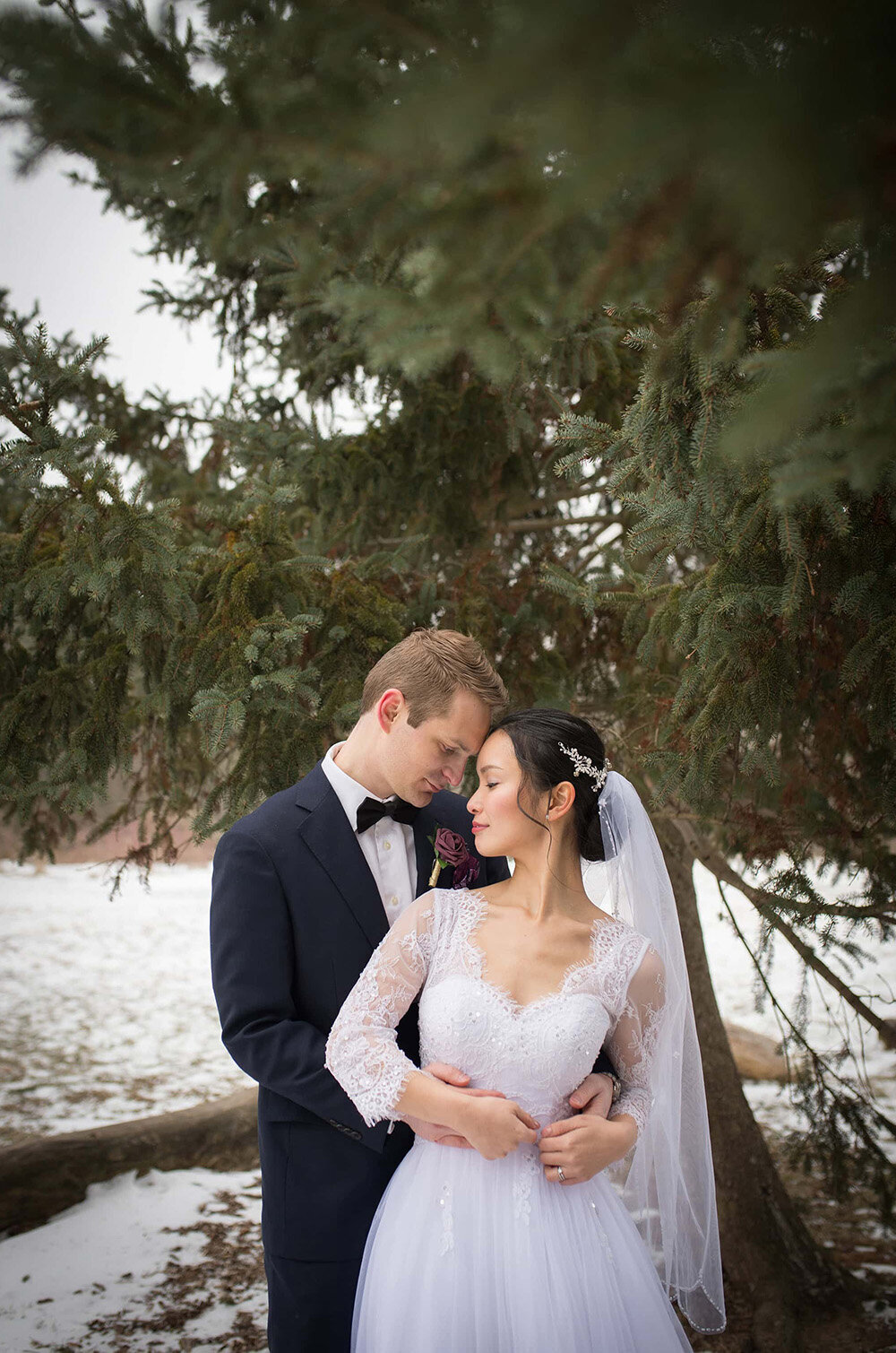 winter scene of bride and groom under evergreen tree