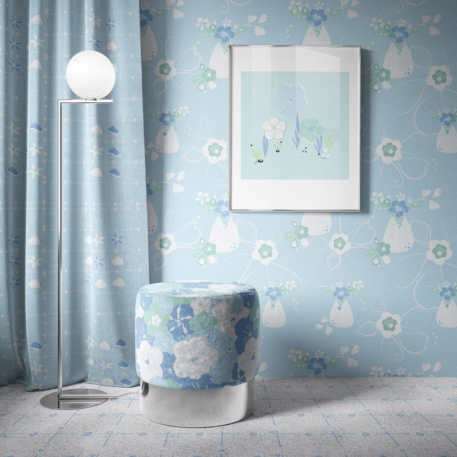 Blue and white patterned wallpaper and fabric covered ottoman