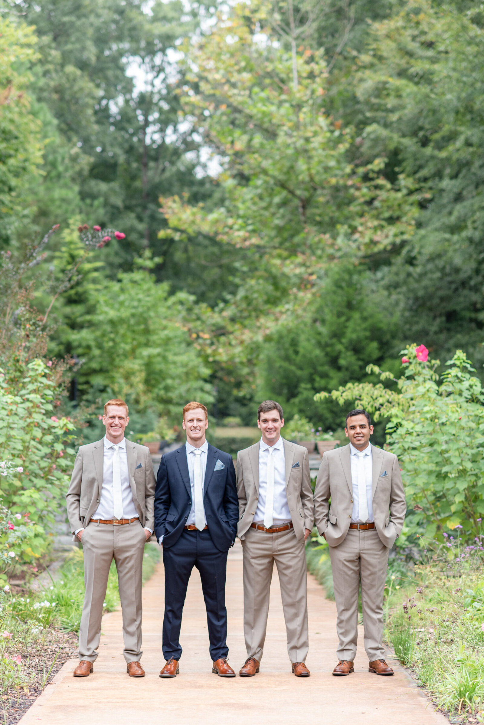 botanic garden wedding groom with groomsmen