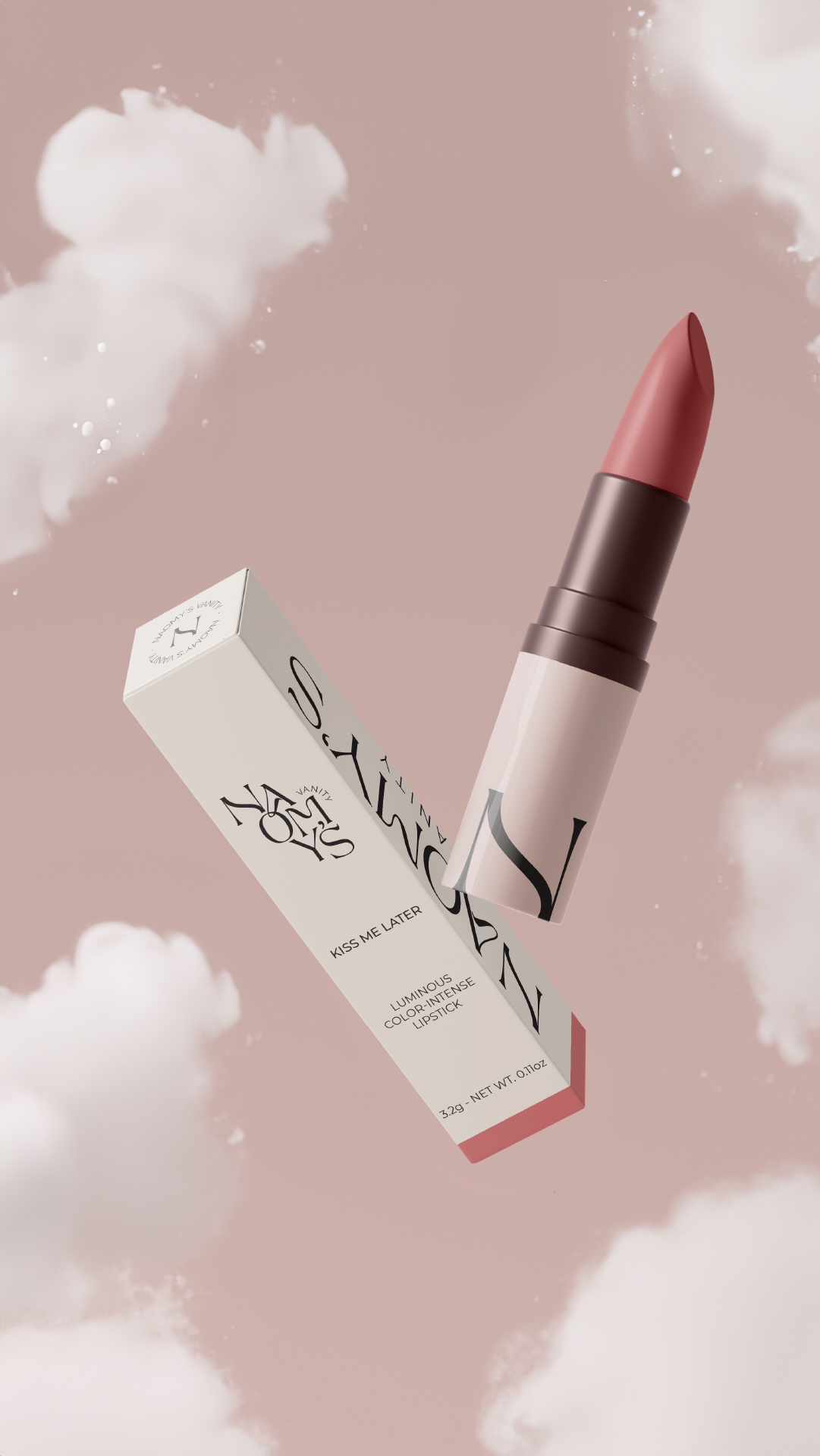lipstick packaging trendy with cliuds and pink background