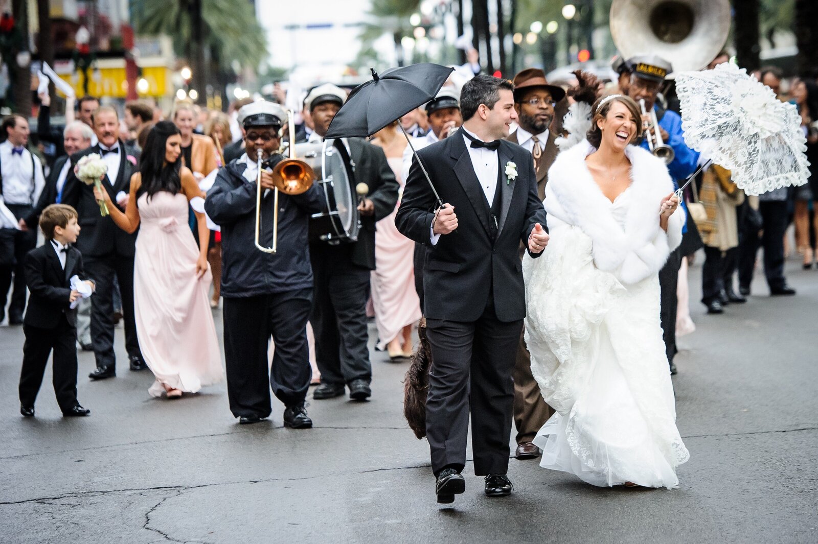 Wedding second line parade down Canal Street in New Orleans
