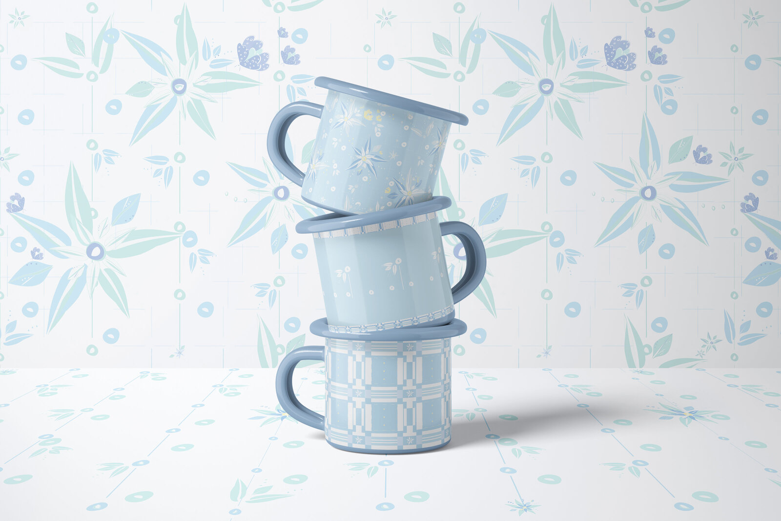 blue and white patterned coffee mugs