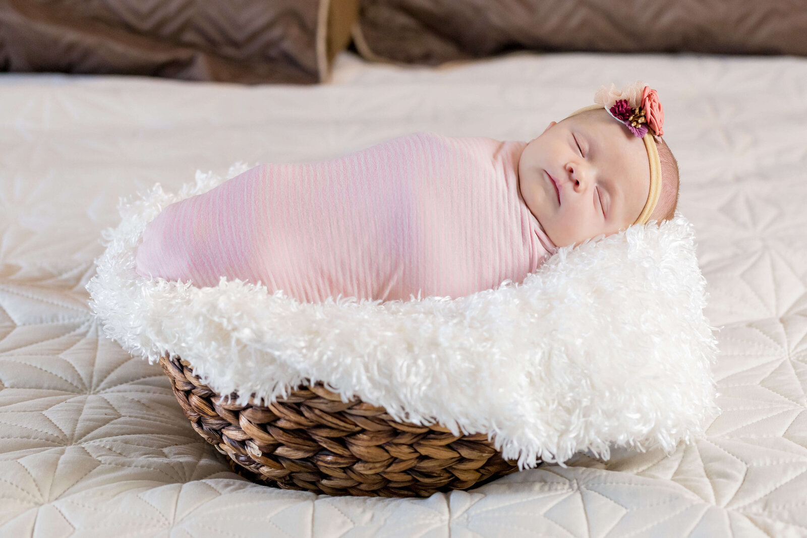 A newborn girl posed in a basket in Manassas.