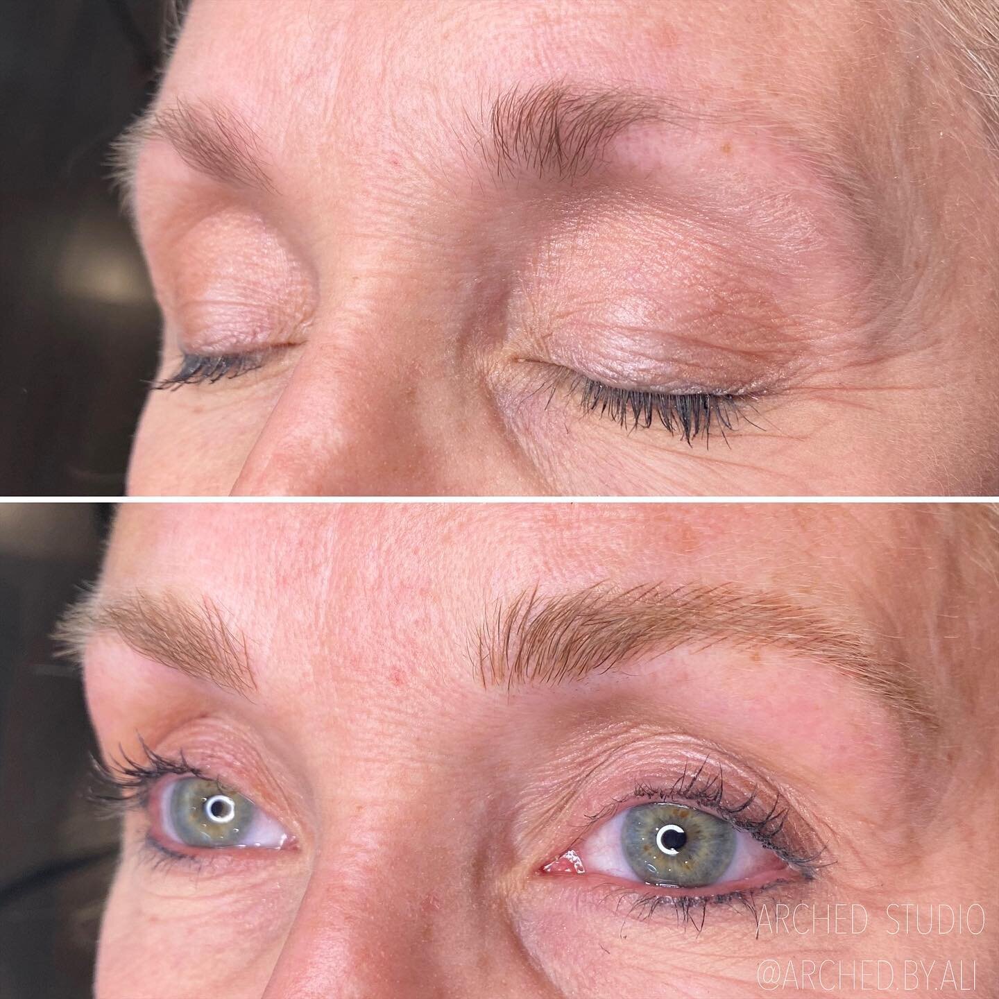 Female enhanced eyebrows that look naturally fluffy, through nicroblading services at ARCHED Coastal in Gulf Shores, Alabama.